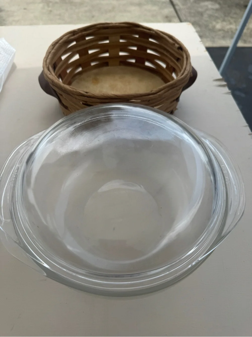 Pyrex Clear Glass Casserole Dish with Woven Brown Rattan Basket